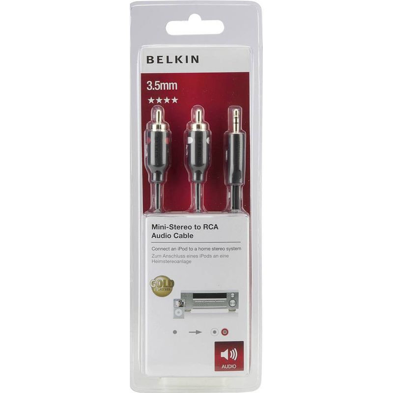 Foto van Belkin f3y116bt2m cinch / jackplug audio aansluitkabel [2x cinch-stekker - 1x jackplug male 3,5 mm] 2.00 m zwart vergulde steekcontacten