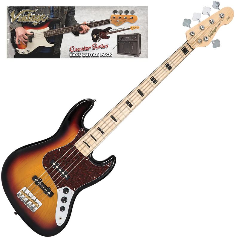 Foto van Vintage vip-v495sb coaster series 5-string 3-tone sunburst bass pack vijfsnarige basgitaar set met versterker