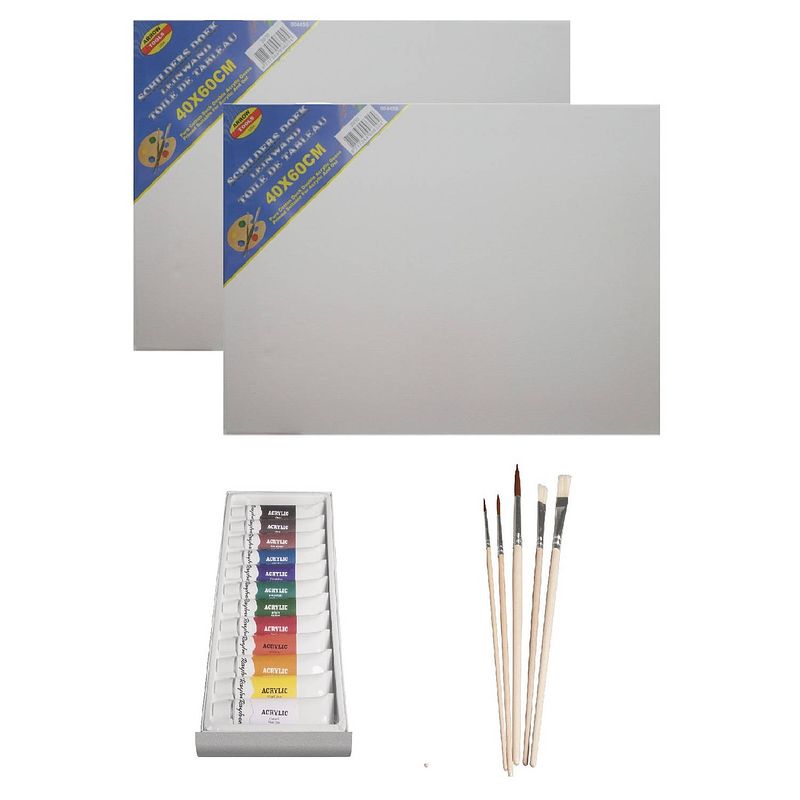 Foto van Schilders verf set van 12x tubes acrylverf/hobbyverf 12 ml + 2x canvas doek + 5x kwasten - hobbyverf