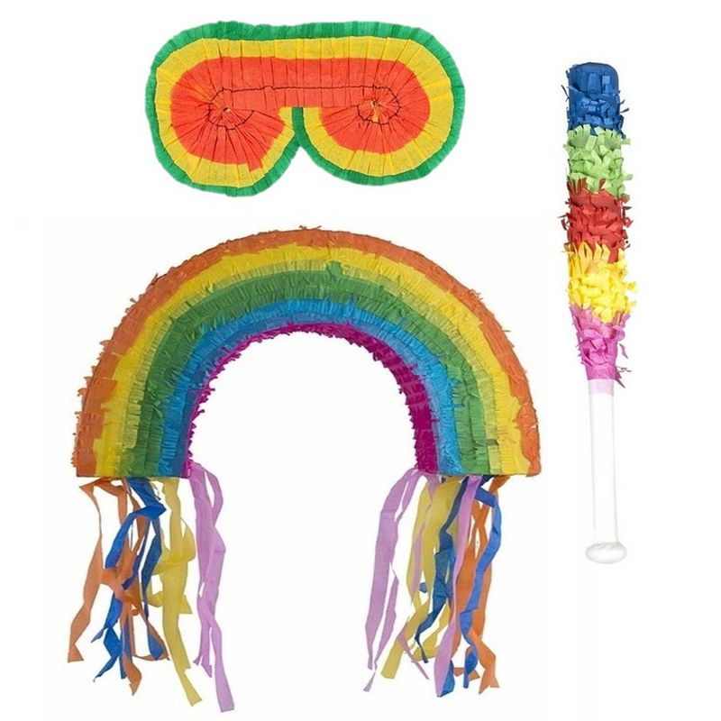 Foto van Verjaardag pinata regenboog van 56 cm set met stok en masker - pinatas