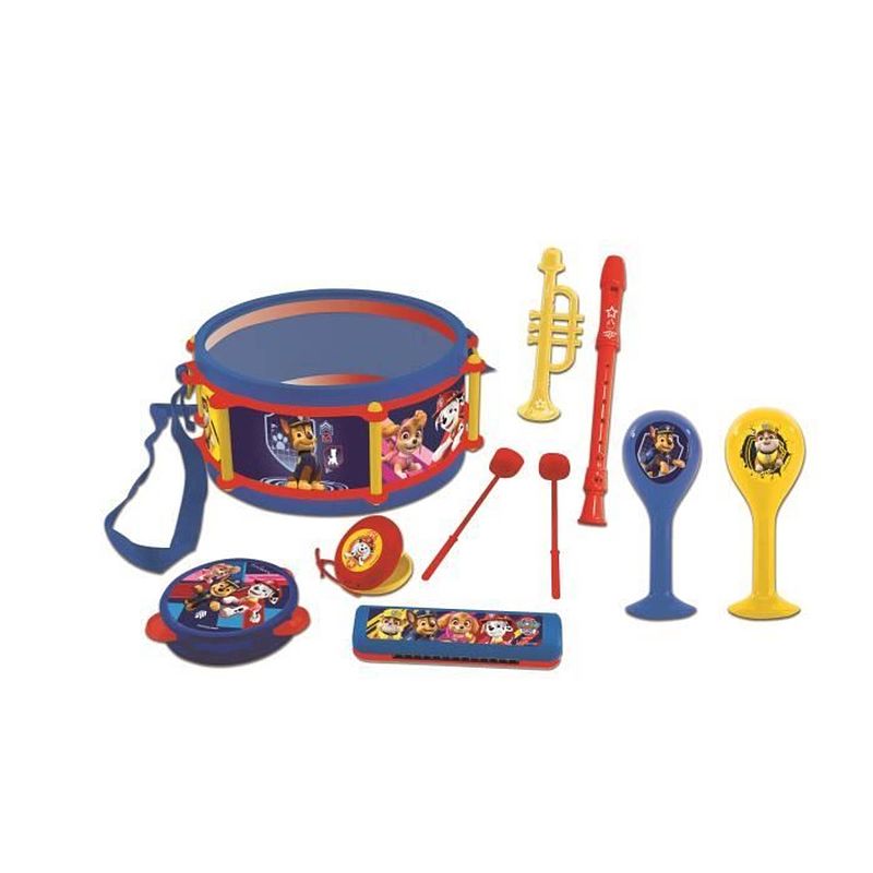 Foto van Pat patrouille - set van 7 muziekinstrumenten - drum, maracas, castagnetten, mondharmonica, fluit, trompet en tamboerijn