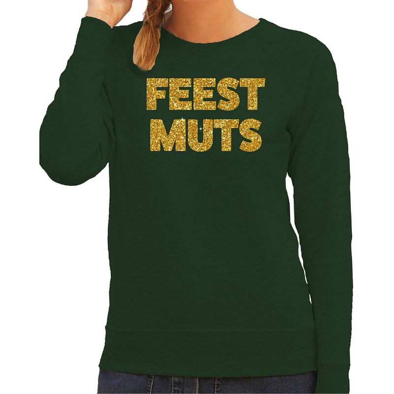 Foto van Bellatio decorations foute kersttrui/sweater dames - feest muts - groen - glitter goud -feestkleding l - kerst truien