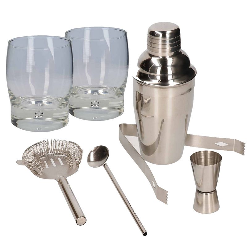 Foto van Cocktailshaker set rvs 5-delig inclusief 2x cocktailglazen 350 ml - cocktailshakers