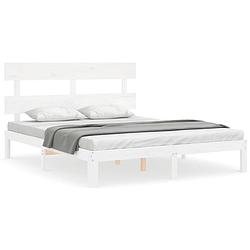 Foto van The living store bedframe - massief grenenhout - wit - 203.5 x 153.5 x 81 cm - multiplex lattenbodem