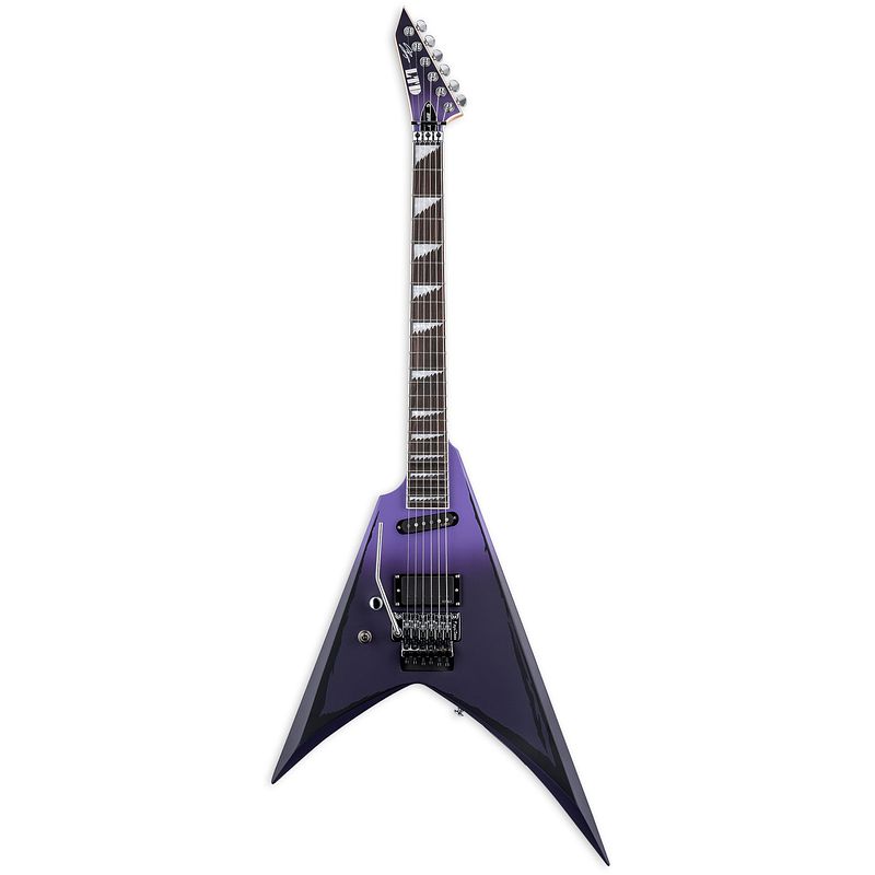 Foto van Esp ltd alexi laiho signature ripped lh purple fade satin with pinstripes linkshandige elektrische gitaar met koffer