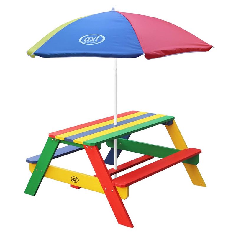 Foto van Axi nick picknicktafel voor kinderen in regenboog kleuren met parasol picknick tafel van hout in diverse kleuren