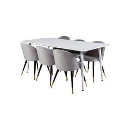 Foto van Polar180x90whwh eethoek eetkamertafel wit en 6 velvet eetkamerstal velours lichtgrijs.