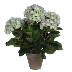 Foto van Groene/paarse hortensia met paarse bloemen kunstplant 45 cm in pot - kunstplanten/nepplanten