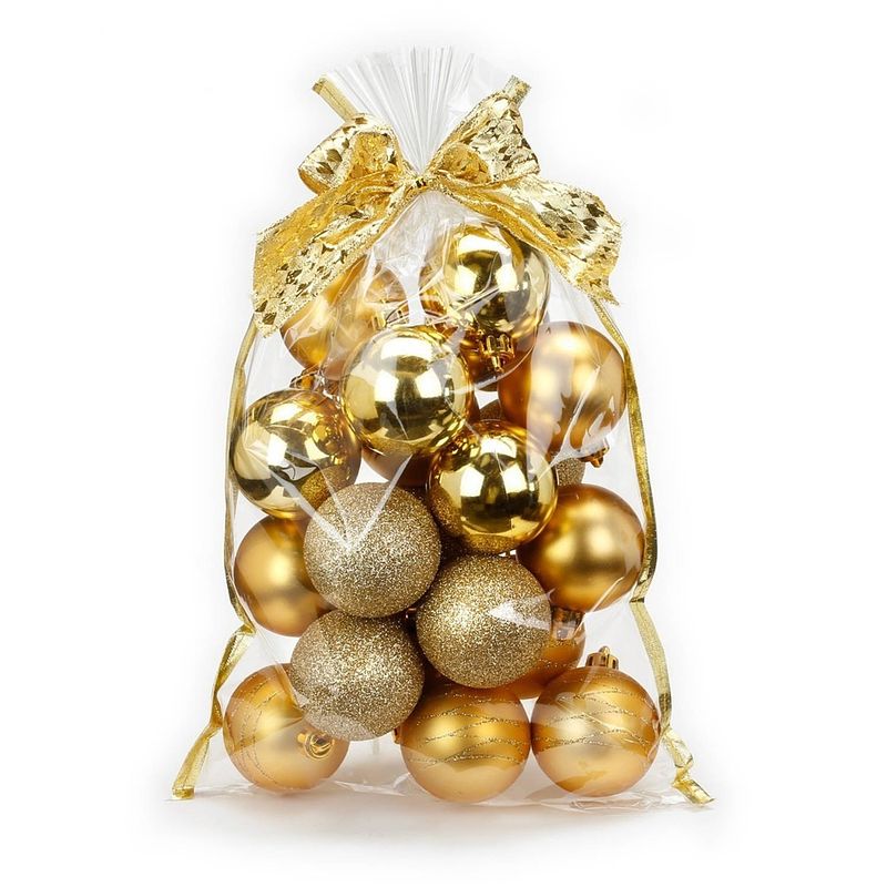 Foto van 20x stuks kunststof kerstballen goud mix 6 cm in giftbag - kerstbal