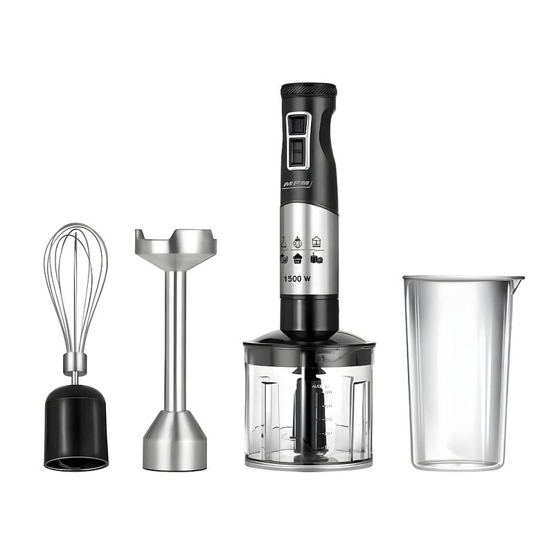 Foto van Mpm - rvs staafmixer set met reservoir - hakmolen - 1500w - 700ml - zwart