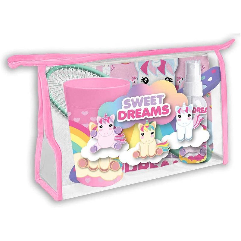 Foto van Sweet dreams toilettas eenhoorn meisjes 23 x 15 cm roze 6-delig