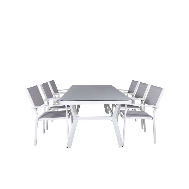 Foto van Virya tuinmeubelset tafel 100x200cm en 6 stoel copacabana zwart, grijs, wit.