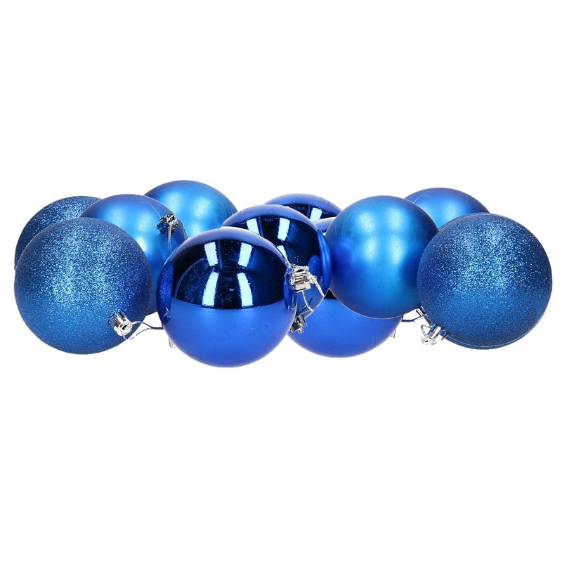 Foto van 12x stuks kerstballen blauw mix van mat/glans/glitter kunststof 8 cm - kerstbal