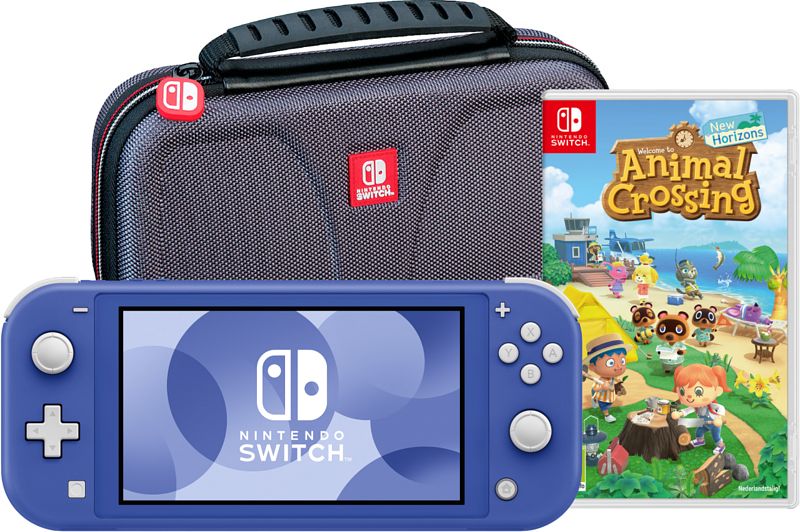 Foto van Nintendo switch lite blauw + animal crossing new horizons + bigben beschermtas