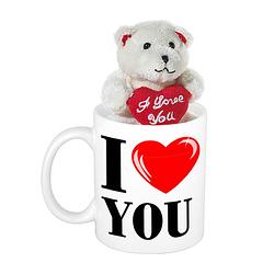 Foto van Valentijn cadeau i love you beker / mok 300 ml met beige knuffelbeertje met love hartje - feest mokken