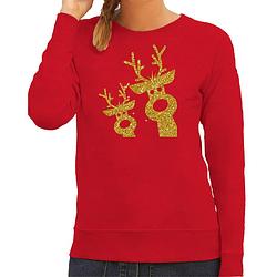 Foto van Bellatio decorations foute kersttrui/sweater voor dames - gouden rendieren - rood - glitter goud l - kerst truien