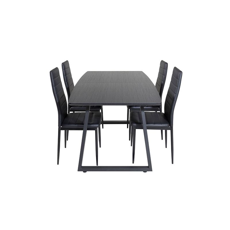 Foto van Incablbl eethoek eetkamertafel uitschuifbare tafel lengte cm 160 / 200 zwart en 4 slim high back eetkamerstal pu