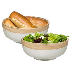 Foto van 5five - 2x - serveerschaal/saladeschaal - wit - bamboe - 20 x 8 cm - rond - saladeschalen