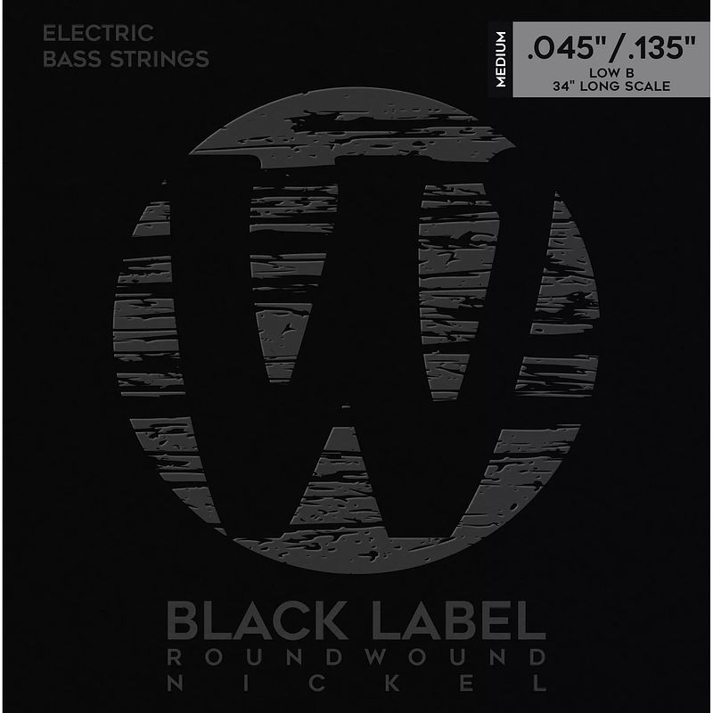 Foto van Warwick black label 41301 m 5b nickel plated steel low b 45-135 snarenset voor 5-snarige elektrische bas