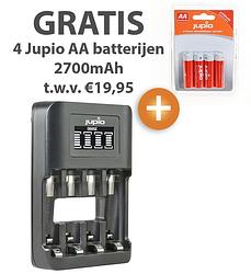 Foto van Jupio usb 4-slots ultrafast aa/aaa batterijlader + gratis jupio 4-pack 2700mah aa batterijen