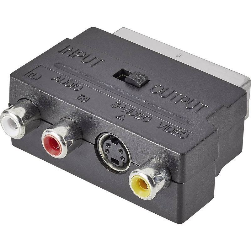 Foto van Speaka professional sp-7870344 scart / cinch / s-video adapter [1x scart-stekker - 3x cinch-koppeling, s-video bus] zwart met omschakelaar