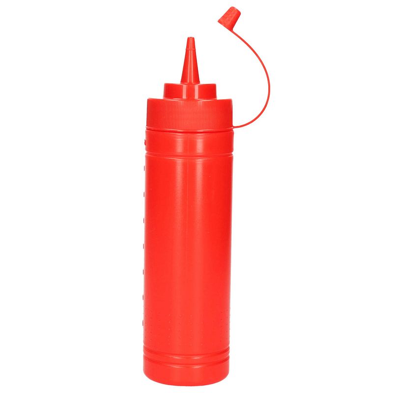 Foto van Plasticforte doseerfles/sausfles - kunststof - rood - met schenktuit - 500 ml - 23 cm - maatbekers