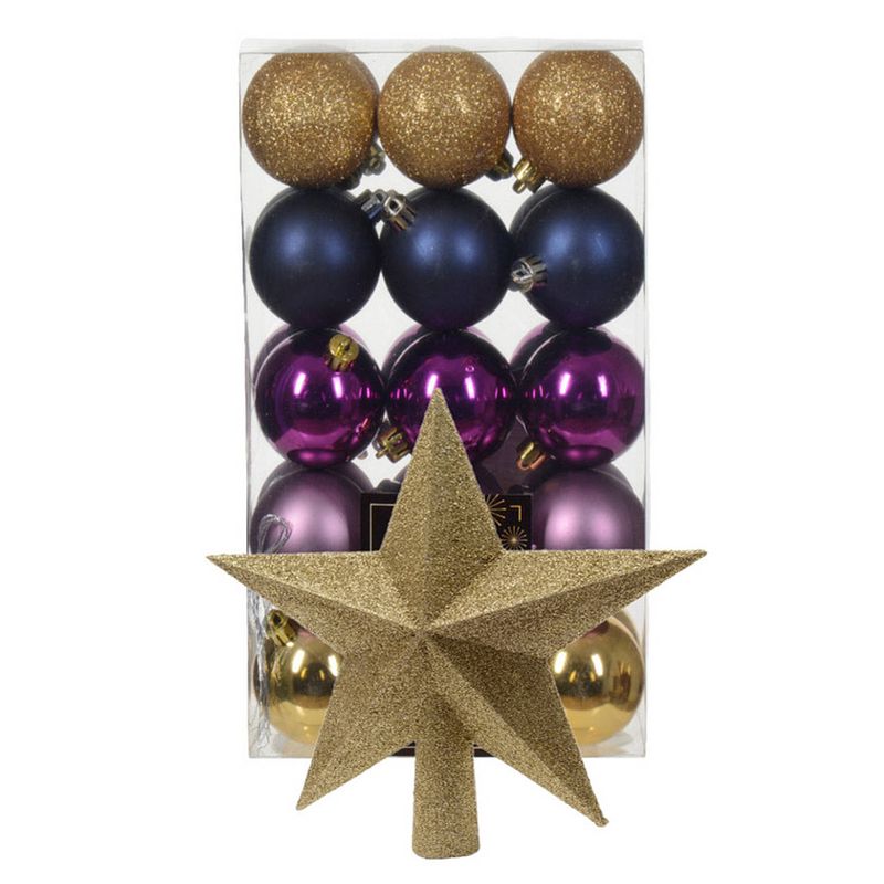 Foto van Kerstballen 30x - goud/blauw/paars- 6 cm -en ster piek goud - kunststof - kerstbal