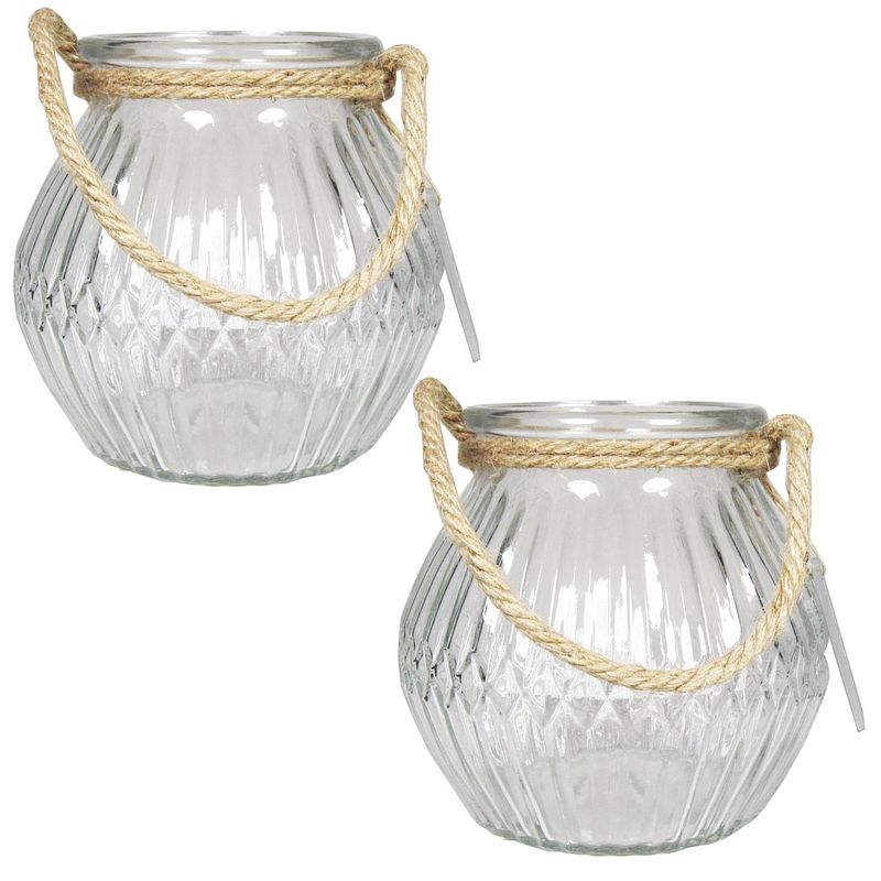 Foto van 2x stuks glazen ronde windlichten crystal 2,5 liter met touw hengsel/handvat 16 x 14,5 cm - vazen