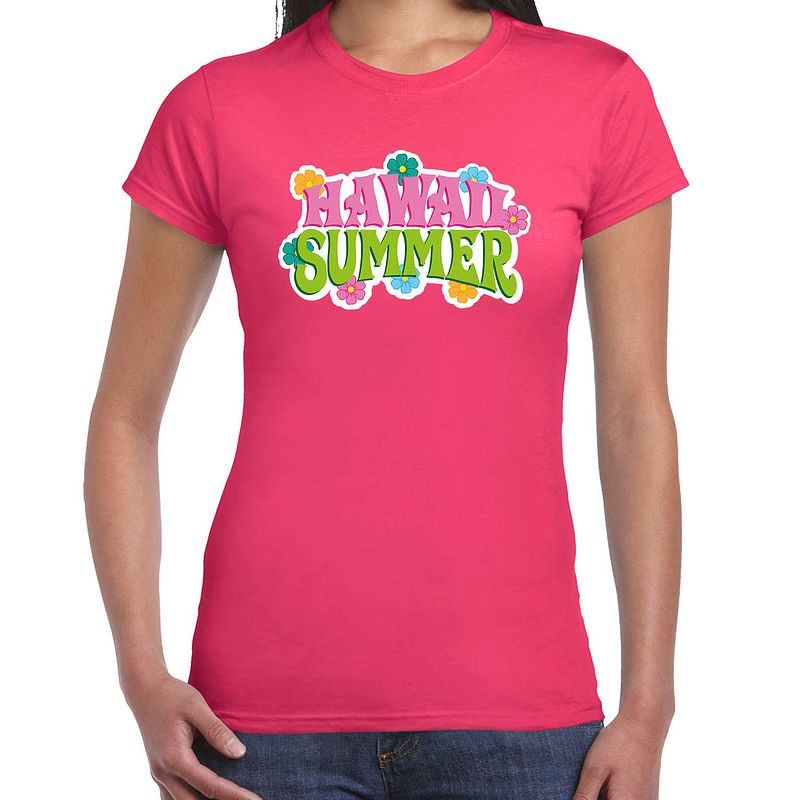 Foto van Hawaii summer t-shirt roze voor dames 2xl - feestshirts