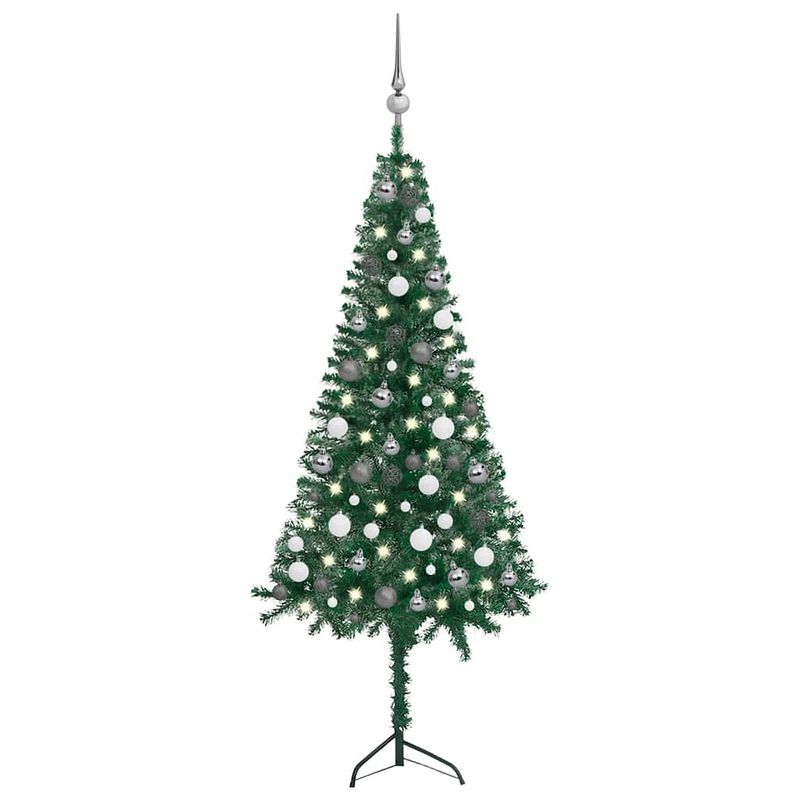 Foto van Vidaxl kunstkerstboom met led's en kerstballen hoek 150 cm pvc groen