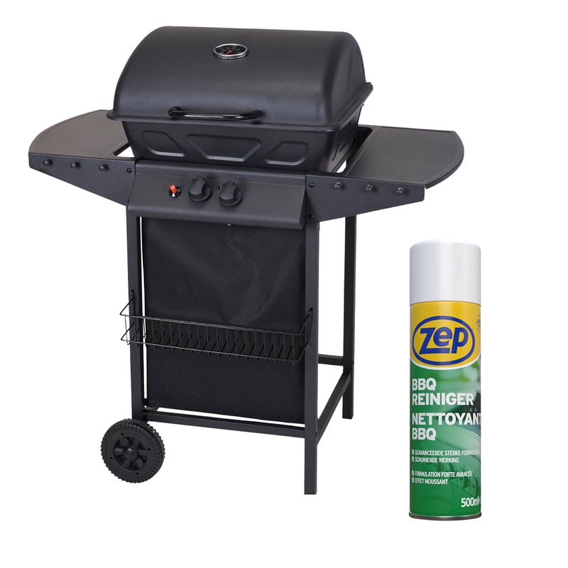 Foto van Vaggan 2-pits gasbarbecue op wielen met gratis zep bbq reiniger - rvs - zwart - 100x97x55cm - 500 ml