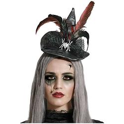 Foto van Halloween heksenhoed - mini hoedje op diadeem - one size - zwart/rood - meisjes/dames - verkleedhoofddeksels