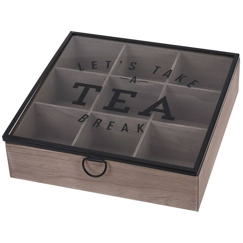 Foto van Houten theedoos bruin tea break 9-vaks 25 cm - theedozen/theekisten van hout 25 cm