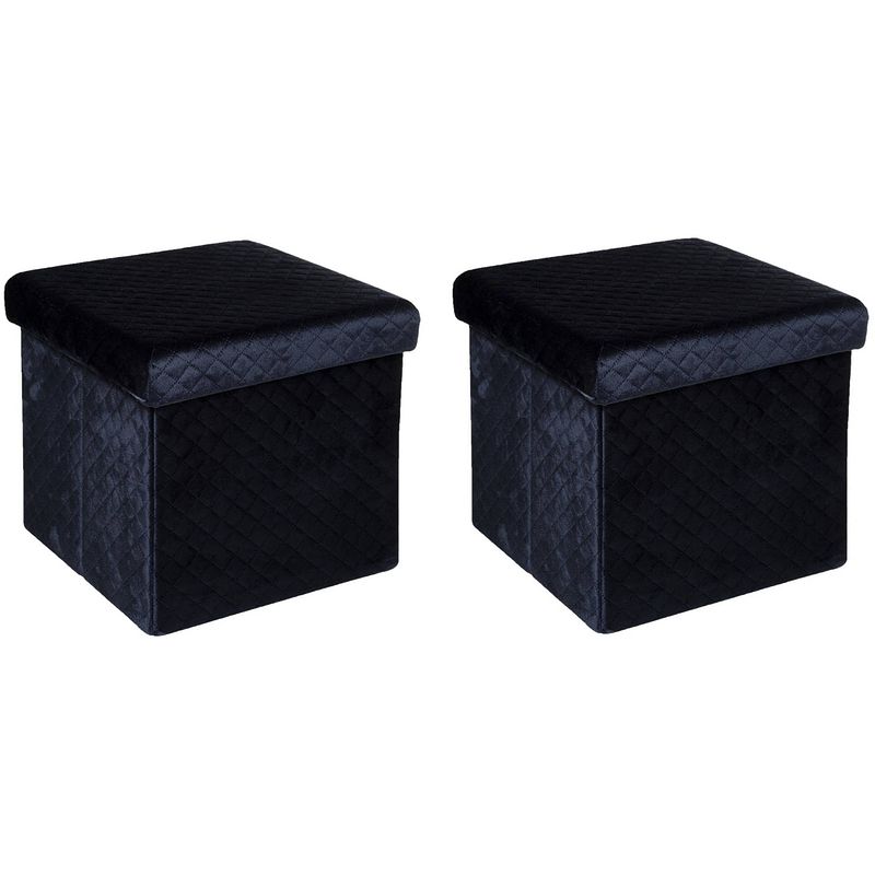 Foto van Atmosphera poef/hocker/voetenbankje - 2x - opbergbox - fluweel donkerblauw - po/mdf - 31 x 31 x 31 cm - poefs