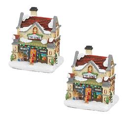 Foto van 2x stuks kerstdorp kersthuisjes speelgoedwinkels met verlichting 9 x 11 x 12,5 cm - kerstdorpen