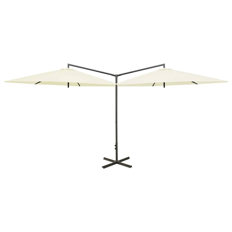 Foto van The living store dubbele parasol - polyester - stalen paal - 600x290x260 cm - zandkleurig