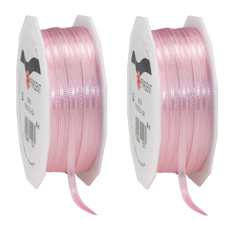 Foto van 2x luxe roze satijnen lint rollen 0,3 cm x 50 meter cadeaulint verpakkingsmateriaal - cadeaulinten