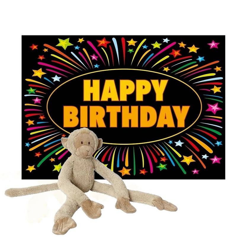 Foto van Happy horse knuffel aap/apen 85 cm met een verjaardag wenskaart happy birthday - knuffel bosdieren