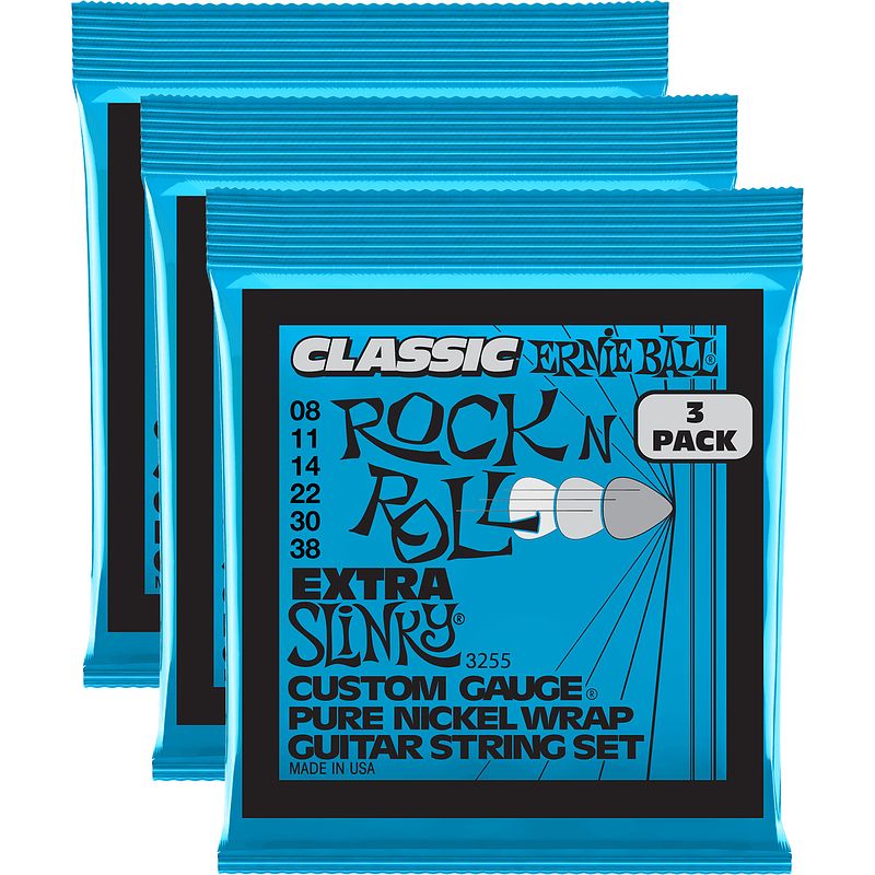 Foto van Ernie ball 3255 extra slinky classic rock 'n roll 8-38 snaren voor elektrische gitaar (3 sets)