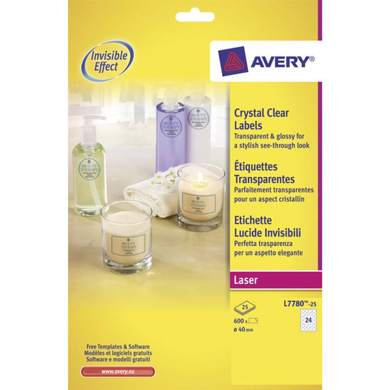 Foto van Laseretiket avery rond 40mm transp. 25 vel 24 etiketten per vel