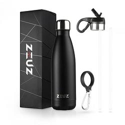 Foto van Zeuz® premium rvs thermosfles & drinkfles - isoleerfles - waterfles met rietje - bpa vrij - 500 ml - mat zwart