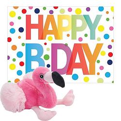 Foto van Pluche dieren knuffel flamingo 18 cm met happy birthday wenskaart - vogel knuffels