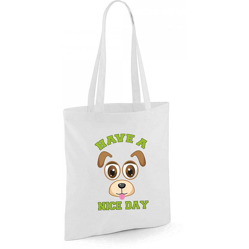 Foto van Bellatio decorations schoudertas meisjes - hond - wit - have a nice day - 42 x 38 cm - shopper - shoppers