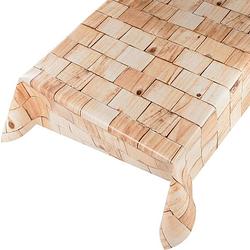 Foto van Buiten tafelkleed/tafelzeil naturel houten blokken print 140 x 175 cm rechthoekig - tafellakens