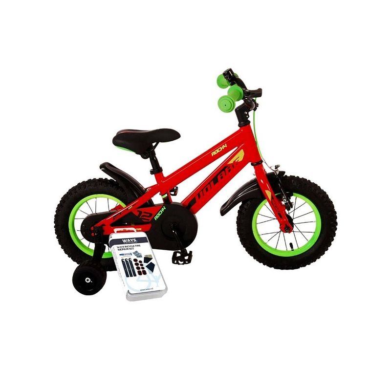 Foto van Volare kinderfiets rocky - 12 inch - rood/groen - inclusief ways bandenplakset