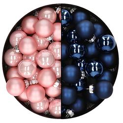 Foto van Mini kerstballen - 48x st - donkerblauw en lichtroze - 2,5 cm - glas - kerstbal