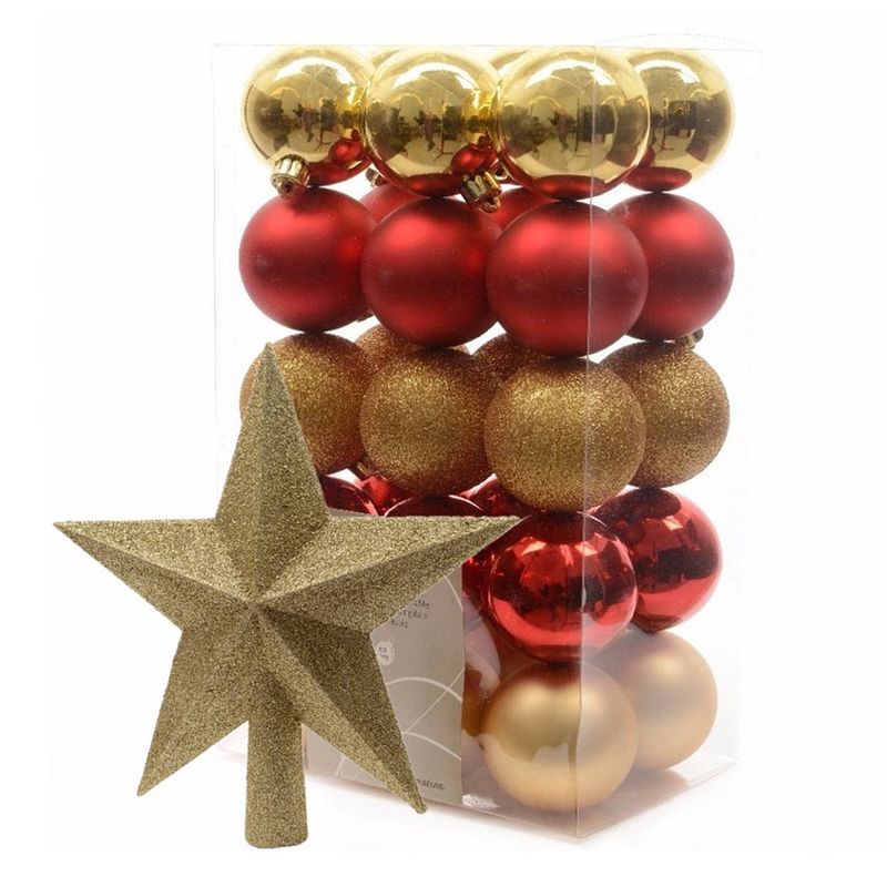 Foto van Kerstballen 30x stuks 6 cm rood-goud met ster piek goud kunststof - kerstbal