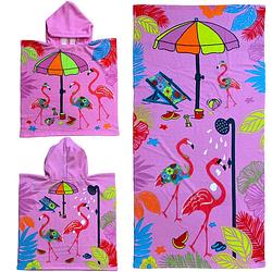 Foto van Set van bad cape/poncho met strand/badlaken voor kinderen flamingo print microvezel - badcapes