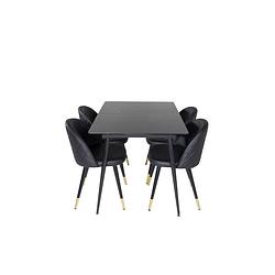 Foto van Silarblext eethoek eetkamertafel uitschuifbare tafel lengte cm 120 / 160 zwart en 4 velvet eetkamerstal pu kunstleer