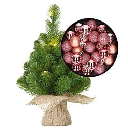 Foto van Mini kerstboom/kunstboom met verlichting 45 cm en inclusief kerstballen roze - kunstkerstboom